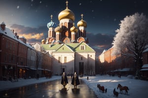 highres, ((masterpiece)), ultra detailed, ancient city, St. Petersburg 19th century, people walking down the street, trees in the background, horses carrying carriages, 19th century clothing, dirt streets, snowing, (((orthodox church in the city center))),FFIXBG