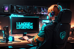 high resolution, ((masterpiece)), gamer room with orange and blue neon lights behind monitor, background room decoration, ((setup, monitor, speakers, desk, keyboard, gamer chair)), 1boy, guy  sitting in the gamer chair looking at the monitor, ((((league of legends logo on the monitor screen))))