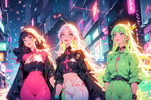 highres, {(masterpiece)}, ultra detailed, 3 girls, photography, otherworldly hues, smiling, having fun, surreal landscapes, cute girls, chatting among themselves, blushing, beautiful,  close up angle, gorgeous, hair with bangs, looking at each other, {(aesthetic outfit)}, {(night city background)}, highly detailed eyes, pale skin