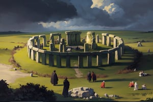 high resolution, ((masterpiece)), Salisbury, England, Stonehenge stone monument, grass floor only, ((monument on grass, people inside stonehenge doing rituals)), ((ancient setting, bronze age 3100 BC C.)), by day, clouds in the background, indigenous people from continental Europe and druids in the background