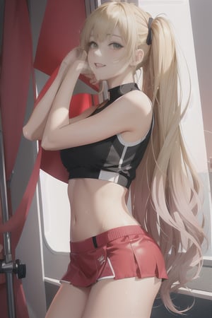 catherine from catherine full body, shoulder length messy blonde hair, heterochromia brown and grey, white crop top and white skirt, white under wear, happy, shopping, Full body Beautiful anime style girl, sweat leggs, sexypose, clean detailed faces, intracate clothing, analogous colors, glowing shadows, beautiful gradient, depth of field, clean image, high quality, high detail, high definition, Luminous Studio graphics engine, cute face, big braest, slim waist, nice hips, ttato in the left arm,