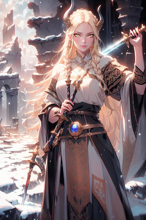 highres, ((masterpiece)), ultra detailed, ((1girl:1.4)), otherworldly hues, (((landscape ruins background, snowy landscape))), (((viking woman))), (((amber eyes))), surreal landscapes, braided hairstyle, ((ash blonde hair)), (((viking outfit))), cold colors, pale skin, imposing,  (((rude look, looking at the viewer))), (((holding a sword by the handle)))