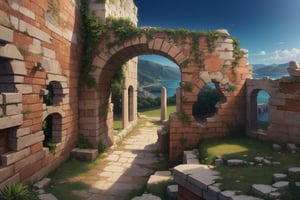 highres, ((masterpiece)), ultra detailed, ancient city, Argos, Greece, Argos greek city of the Peloponnese, greek mythology, greece environment, view from inside the castle of Larissa, window,ruins, some trees, LostRuins,scenery