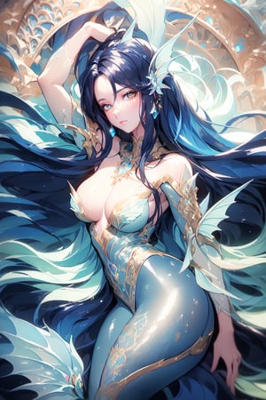 highres, (masterpiece), ultra detailed, (1girl:1.4),photography, otherworldly hues, surreal landscapes,hair down, medium tits, in water,blushing,lidded eyes,(((outlined eyes))), small eyes, ((asian mermaid woman)),gorgeous, long straight hair, tough looking face,(suggestive look), sharp eyes, (((art nouveau outfit))), blushing expression,soft smile, highly detailed eyes, pale skin,seductive_pose, bare shoulders,water glow, ((posed facing viewer,in water)),((vibrant colors)), (((art nouveau decoration))), (((lying on the water))),((zenith angle)), above view, water waves