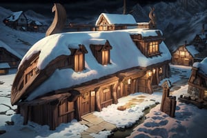highres, (((masterpiece))), ultra detailed, (((at night))), (((viking tavern, with brown ship roof, located on a mountain))), (((background village people))), (((village on top of a mountain))), (((snowy landscape))), (((rock floor, vegetation))), villlage, cold colors, (((other mountains background)))