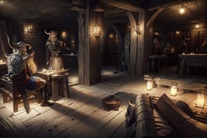 highres, (((masterpiece))), ultra detailed, (((tavern interior))), (((wooden tavern, medieval style, stone columns))), (((viking medieval decoration))), (((night light))),(((vikings chatting among themselves))), (((viking men))),foreground