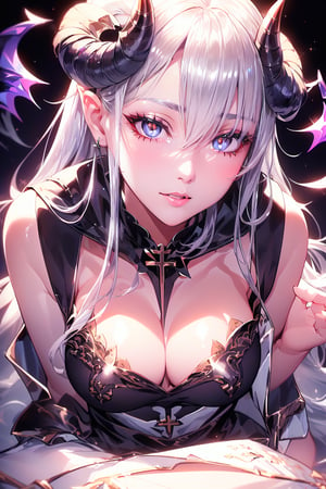 highres, ultra detailed, (1girl:1.4),photography, otherworldly hues, surreal landscapes,hair down, medium tits, blushing, slim waist, lidded eyes,(((outlined eyes))), small eyes, ((asian woman)),gorgeous, (((thin silver horns)), hair with bangs, long straight hair, tough looking face,(suggestive look), sharp eyes, (((shiny silver eyes))), ((wearing priest white dress)), revealing clothes, low-cut dress,narrow waist, in hell, blushing expression,wicked and cheeky smile, highly detailed eyes, pale skin,seductive, demon, demon glow, ((posed facing viewer))