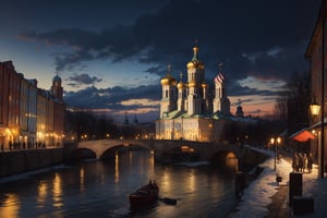 highres, ((masterpiece)), ultra detailed, ancient city, 19th century clothing, St. Petersburg, 19th century, background orthodox church, boat port, people near the port, river, winter,snowy, FFIXBG