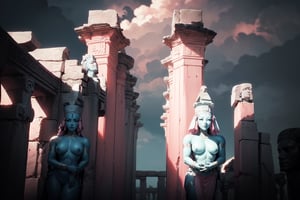 high resolution, (((masterpiece))), black and white image, ultra detailed, (((giant ancient temple))), {((((trees, pink fantasy trees, pink grass))))}, black and white temple, giant columns, ruins, (((female giant ancient statues, living statues, posing, black and white statues with some soft blue and soft pink parts))), otherworldly temple , abandoned world, ((hieroglyphs)), another language, temple made with stone,(((soft pink and soft blue colors))), combination of black and white with soft colors,((((some sections with color))))