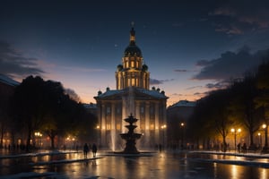 highres, ((masterpiece)), ultra detailed, ancient city, St. Petersburg 19th century, 19th century clothing, snowing, Palace Square in St. Petersburg, water fountain in the center, trees in the background, people walking, FFIXBG