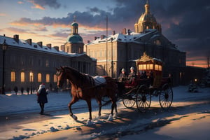 highres, ((masterpiece)), ultra detailed, ancient city, 19th century clothing, St. Petersburg, 19th century, St. Petersburg Winter Palace seen from outside, horse carrying carriage, people walking, winter,snowy, FFIXBG