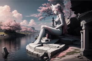 high resolution,(((masterpiece))),black and white image,black and white sky with clouds,ultra detailed,(((stone skin,gray skin))),(((rock on the river, ancient statue sitting on the rock))),((rock in the river,black and white river,rubble in the river)),otherworldly vibes,abandoned world,(((old giant temple behind and ruins next to the temple background))),(((1tree,pink tree))),(((soft pink and soft blue colors))),combination of black and white with soft colors,(((((some sections with color))))