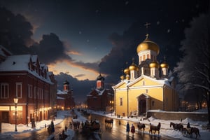 highres, ((masterpiece)), ultra detailed, ancient city, St. Petersburg 19th century, people walking down the street, trees in the background, horses carrying carriages, 19th century clothing, dirt streets, snowing, (((orthodox church in the city center))),FFIXBG