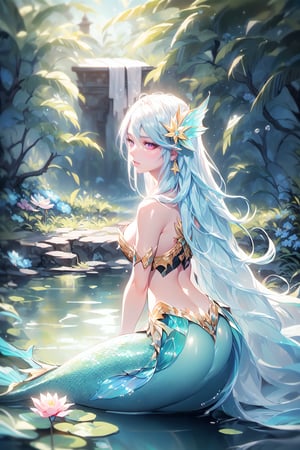 highres, ultra detailed, (1girl:1.4),photography, otherworldly hues, surreal landscapes,hair down, medium tits, (((white transparent hair))), blushing, mermaid woman,((scales)), lidded eyes,(((outlined eyes))), small eyes, ((asian woman)),gorgeous, ((pond background, (grass, flowers, water, tree)), long straight hair, tough looking face,(suggestive look), sharp eyes,light in the eyes, ((wearing tight, low-cut top, revealing clothes,narrow waist))), blushing expression,soft smile, highly detailed eyes, pale skin,seductive, mermaid, mermaid glow, ((posed facing viewer)),(light blue, gold, white, light colors), flowers