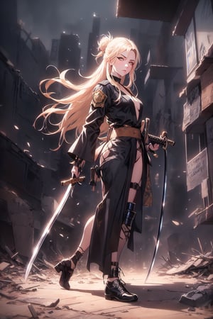 highres, ((masterpiece)), ultra detailed, ((1girl:1.4)), photography, otherworldly hues, (((post apocalyptic world, abandoned city, dystopian background))), (((female soldier))), ((poor light)), surreal landscapes, braided hairstyle, ((ash blonde hair)), lidded eyes, (((dark brown eyes))), ((outlined eyes)), small eyes, close up angle, gorgeous, sharp eyes, (((apocalyptic outfit))), dull, muted colors, cold colors, ((highly detailed eyes)), pale skin, (((cold look, looking at the viewer)), (((fighting pose, holding double katana)))