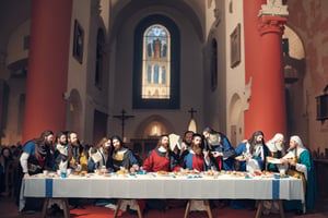 High resolution, (((masterpiece))), Italy, Anchiano village, 15th century Italian style, Renaissance Italy style church, church interior, last supper work in the middle, people with different hair, food on the table, (((jesus in the center, wearing red and blue clothes, the only one with a beard and long hair)))