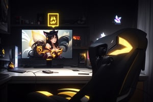 high resolution, ((masterpiece)), game room, with orange and blue neon lights behind the monitor, room background decoration, ((setting, monitor, speakers, desk, keyboard, black gamer chair, only gamer chair without people, empty gamer chair in front of monitor)) , {((((Ahri from League of Legends on monitor screen, female fox, (((white tails))), black hair, clothes red, two ears, yellow eyes))))}