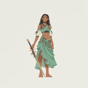 score_9, score_8_up, score_7_up, score_6_up dnd, 1girl, merchant, full body, tan skin, sarong, barefoot, saee girl, traditional indian clothes, girl wearing a sarong and crop top with puff sleeves, holding traditional sword