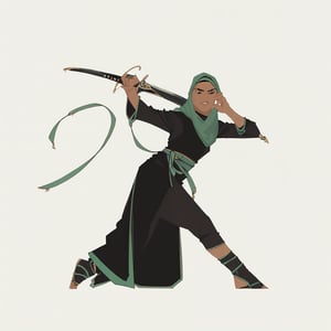 score_9, score_8_up, score_7_up, score_6_up dnd, 1girl, woman, full body, tan skin, green hijab, traditional muslim clothes, long black dress with green and gold accents, holding a sword, turned to side, side view, ready pose, idle pose, fighting stance, slightly leaning forward 