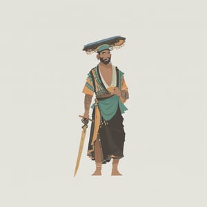 score_9, score_8_up, score_7_up, score_6_up dnd, 1boy, merchant, full body, tan skin, sarong, barefoot, goatee beard, traditional muslim clothes, boy wearing a turkish fez muslim hat, holding traditional sword