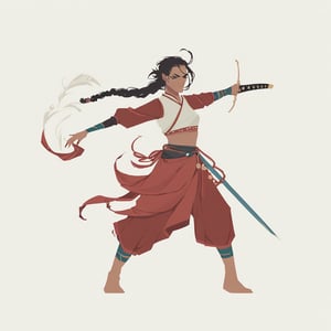 score_9, score_8_up, score_7_up, score_6_up dnd, 1girl, woman, full body, tan skin, plaited braided hair, traditional indian clothes, long sarong with green and gold accents, white crop top with short puff sleeves, holding a sword, turned to side, side view, ready pose, idle pose, fighting stance, curvy figure,