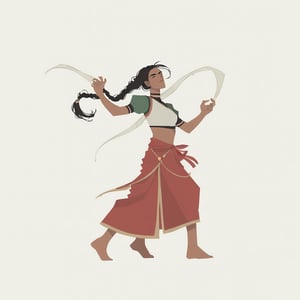 score_9, score_8_up, score_7_up, score_6_up dnd, 1girl, woman, full body, tan skin, plaited braided hair, traditional indian clothes, long sarong with green and gold accents, white crop top with short puff sleeves, wide neck crop top, short sleeves, exposed elbows, holding a sword, turned to side, side view, ready pose, idle pose, fighting stance, curvy figure,