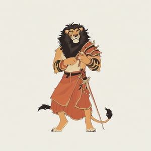 score_9, score_8_up, score_7_up, score_6_up dnd, lion monster, humanoid lion, full body, muscular, sarong, barefoot, traditional indian clothes, lifting traditional sword