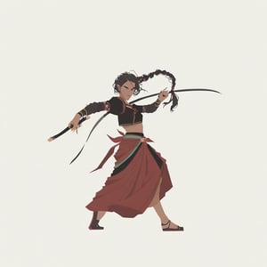 score_9, score_8_up, score_7_up, score_6_up dnd, 1girl, woman, full body, tan skin, plaited braided hair, traditional indian clothes, long sarong with maroon and gold accents, black crop top with short puff sleeves, holding a sword, turned to side, side view, ready pose, idle pose, fighting stance, curvy figure,