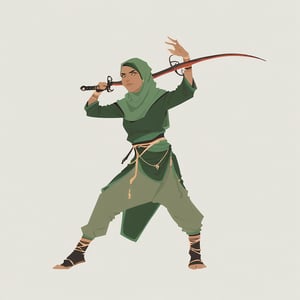 score_9, score_8_up, score_7_up, score_6_up dnd, 1girl, woman, full body, tan skin, green hijab, traditional muslim clothes, holding a sword, turned to side, side view, ready pose, idle pose, fighting stance, leaning forward 