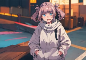 best quality, (masterpiece:1.2), highly detailed, nanakusa nazusa, 1girl, solo, looking at the viewer, fang,blue eyes, pink hair, hair rings, droptop,hands_in_pockets