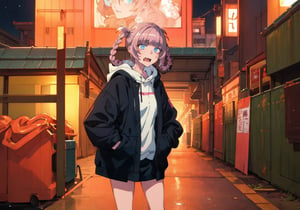 best quality, (masterpiece:1.2), highly detailed, nanakusa nazusa, 1girl, solo, looking at the viewer, fang,blue eyes, pink hair, hair rings, droptop,hands_in_pockets,naked