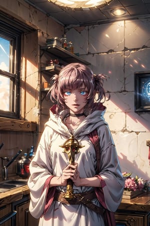 (4k), (masterpiece), (best quality),(extremely intricate), (realistic), (sharp focus), (award winning), (cinematic lighting), (extremely detailed), 

A young sorceress girl stands in a dimly lit room, her white robes flowing behind her. She has long, black hair, and piercing red eyes. In her hands, she holds a glowing staff.

She is standing in a tower, looking out at the stars.

She is clearly a powerful and knowledgeable sorceress.

The sorceress is focused on her task, but she also has a mischievous glint in her eye. She is clearly excited about the power that she possesses, and she is eager to use it to make a difference in the world.,EpicSky,Isometric_Setting,High detailed ,nanakusa nazuna,pink_hair,blue_eyes,hair_rings,
