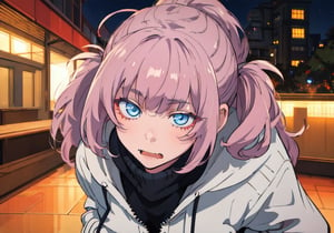 best quality, (masterpiece:1.2), highly detailed, nanakusa nazusa, 1girl, solo, looking at the viewer, fang,blue eyes, pink hair, hair rings, droptop,hands_in_pockets