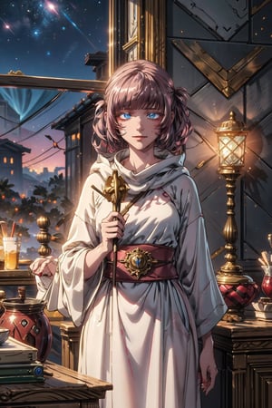 (4k), (masterpiece), (best quality),(extremely intricate), (realistic), (sharp focus), (award winning), (cinematic lighting), (extremely detailed), 

A young sorceress girl stands in a dimly lit room, her white robes flowing behind her. She has long, black hair, and piercing red eyes. In her hands, she holds a glowing staff.

She is standing in a tower, looking out at the stars.

She is clearly a powerful and knowledgeable sorceress.

The sorceress is focused on her task, but she also has a mischievous glint in her eye. She is clearly excited about the power that she possesses, and she is eager to use it to make a difference in the world.,EpicSky,Isometric_Setting,High detailed ,nanakusa nazuna,pink_hair,blue_eyes,hair_rings,