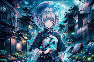 (datamoshing:1.5), (8k uhd, masterpiece, best quality, high quality,ultra-detailed, detailed background, ), (beautiful, aesthetic, perfect, delicate, intricate:1.2), (1girl), (solo), (human, emerald eyes:1.3), (cyberpunk style, aodai cyber,moonlight, (clutching katana, blade gleaming under the moonlight:1.4), swift rust, leaves, magical, (serene background:1.3), Chrysanthemum, fierce, smirking, determined eyes, spectral moon, mysterious, faint mist, water surface, silver lighting, eyes glittering (poorly_lit, dark moonlight:1.3), fantasy,nanakusa nazuna,pink_hair,