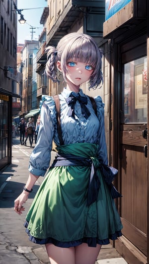 (best quality, masterpiece, illustration, designer, lighting), (extremely detailed CG 8k wallpaper unit), (detailed and expressive eyes), detailed particles, beautiful lighting, a cute girl, bows around her waist (Alice in Wonderland), butterflies around, (Pixiv anime style), (Wit studios),(manga style), ,nanakusa nazuna,blue_eyes,hair_rings,