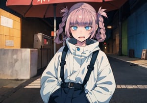 best quality, (masterpiece:1.2), highly detailed, nanakusa nazusa, 1girl, solo, looking at the viewer, fang,blue eyes, pink hair, hair rings, droptop,hands_in_pockets