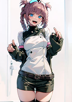 best quality, (masterpiece:1.2), highly detailed,indoors,, nanakusa nazusa, 1girl, solo, leaning forward, looking at the viewer, open mouth, smile, fang,blue eyes, pink hair, hair rings, nurse dress, white dress, nurse cap