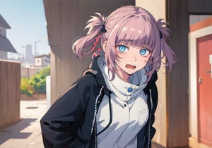 best quality, (masterpiece:1.2), highly detailed, nanakusa nazusa, 1girl, solo, looking at the viewer, fang,blue eyes, pink hair, hair rings, droptop,hands_in_pockets,naked