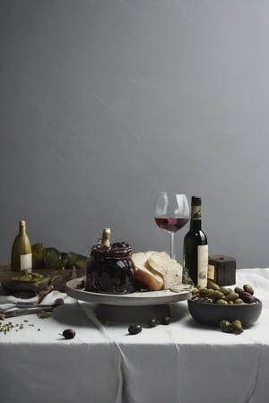  chesse and wines, bottles, glasses, foodstyling, minimal style location, OLIVES, DARK GREY BACKGROUND, JAM