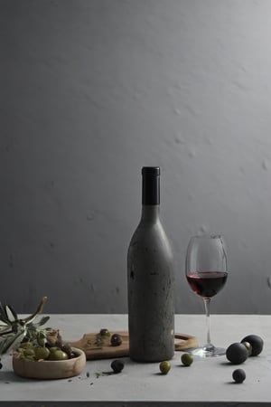  chesse and wine, bottles, glasses, foodstyling, minimal style location, OLIVES, CONCRET DARK GREY BACKGROUND, SERVED SQUIRT WINE , CENITAL SHOOT BOTTLE, MICKEY

