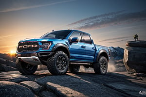 3 ford raptor big jumping in rocks, high detail ford raptor dark blue, natural photography, dramatic light, advertising shooting, 4k, high resolution, realistic photography, 13hs, sharpen more, truck lights are turn on, perfect details of the car, aereal shoot, 120 mph, alpha channel, more landscape, zoom out, sunset
