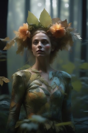 cinematic film still (Raw Photo:1.3) of (Ultrarealistic:1.3) an awarded profesional photo of Leafwhisper - A gentle, forest spirit with leaves and flowers growing from its body., ideal body posture,perfect body proportions, by jeremy mann, by sandra chevrier, by maciej kuciara,(masterpiece:1.2),(ultradetailed:1.1), ultrasharp, (perfect, body:1.1),(realistic:1.3),(real shadow:1.2), photo Fujifilm XT3,,(perfect body proportions:1.1) different posture, up arms, ((arms up)), rainbow,  in old used 1800 peasant clothing, crazy mad aggressive face and eyes, fantasy, concept art,NYFlowerGirl