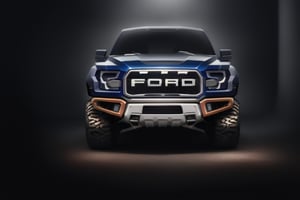 3 ford raptor  in a studio,  high detail ford raptor dark blue, natural photography, dramatic light, advertising shooting, 4k, high resolution, realistic photography, sharpen more, truck lights are  turn on, perfect details of the car, aereal shoot, 
,red \(pokemon\)
