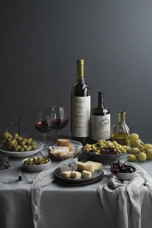  chesse and wines, bottles, glasses, foodstyling, minimal style location, OLIVES, DARK GREY BACKGROUND, JAM