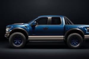3 ford raptor  in a studio,  high detail ford raptor dark blue, natural photography, dramatic light, advertising shooting, 4k, high resolution, realistic photography, sharpen more, truck lights are  turn on, perfect details of the car, aereal shoot, 
