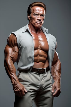 RAW natural photo PORTRAIT of Arnold Schwarzenegger realistic, no muscles, slim body, realisct, no friendly, ((full body)), sharp focus, depth of field, shoot, ,side shot, side shot, ultra hd, realistic, vivid colors, highly detailed, perfect composition, 8k artistic photography, photorealistic concept art, soft natural volumetric cinematic perfect light, black background studio,