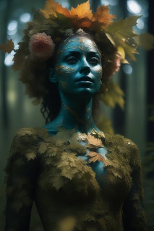 cinematic film still (Raw Photo:1.3) of (Ultrarealistic:1.3) an awarded profesional photo of Leafwhisper - A gentle, forest spirit with leaves and flowers growing from its body., ideal body posture,perfect body proportions, by jeremy mann, by sandra chevrier, by maciej kuciara,(masterpiece:1.2),(ultradetailed:1.1), ultrasharp, (perfect, body:1.1),(realistic:1.3),(real shadow:1.2), photo Fujifilm XT3,,(perfect body proportions:1.1) different posture, up arms, ((arms up)), rainbow,  in old used 1800 peasant clothing, crazy mad aggressive face and eyes, fantasy, concept art
