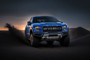 3 ford raptor big jumping in a dunes, high detail ford raptor dark blue, natural photography, dramatic light, advertising shooting, 4k, high resolution, realistic photography, sunset, sharpen more, truck lights are  turn on, perfect details of the car, aereal view, jumping truck