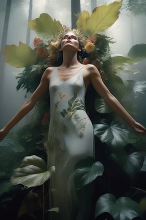 cinematic film still (Raw Photo:1.3) of (Ultrarealistic:1.3) an awarded profesional photo of Leafwhisper - A gentle, forest spirit with leaves and flowers growing from its body., ideal body posture,perfect body proportions, by jeremy mann, by sandra chevrier, by maciej kuciara,(masterpiece:1.2),(ultradetailed:1.1), ultrasharp, (perfect, body:1.1),(realistic:1.3),(real shadow:1.2), photo Fujifilm XT3,,(perfect body proportions:1.1) different posture, up arms, ((arms up)), rainbow,  in old used 1800 peasant clothing, crazy mad aggressive face and eyes, fantasy, concept art,NYFlowerGirl, arms up, tropical rain, jump up, hands touch softly you face, close up